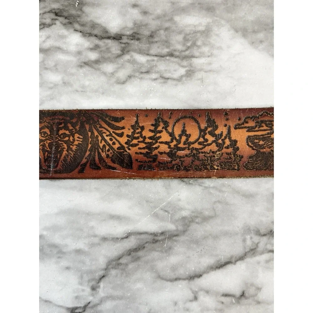 Tooled Vtg Leather Belt Wolf Feathers Moon Trees Brown Western Cowboy Rodeo